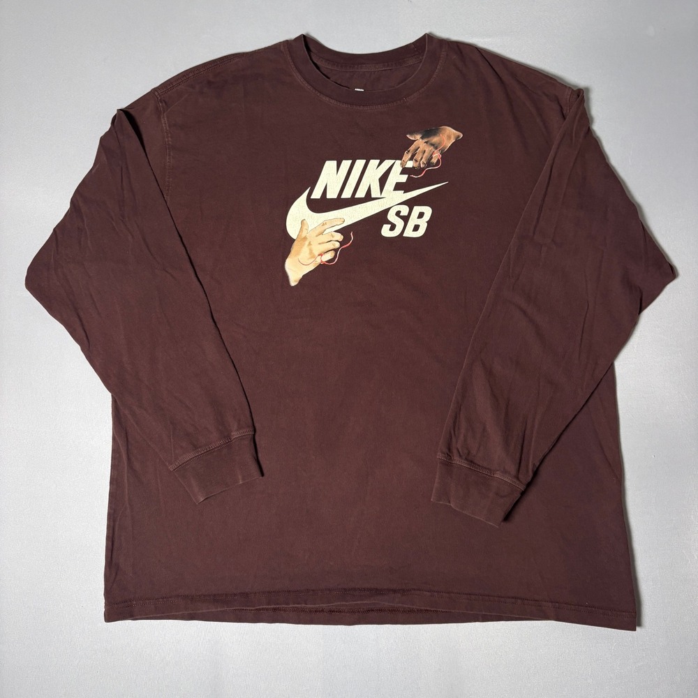 Nike SB Mens XL Brown Long Sleeve Graphic T-Shirt Loose Fit Red Thread Logo Tee